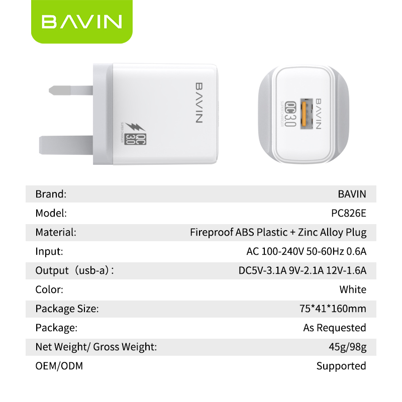 BAVIN PC826E UK Plug Fast Charging QC 3.0 Usb Cable Type c Cable Adaptive Wall Chargers for Cell Mobile Phone accessorie