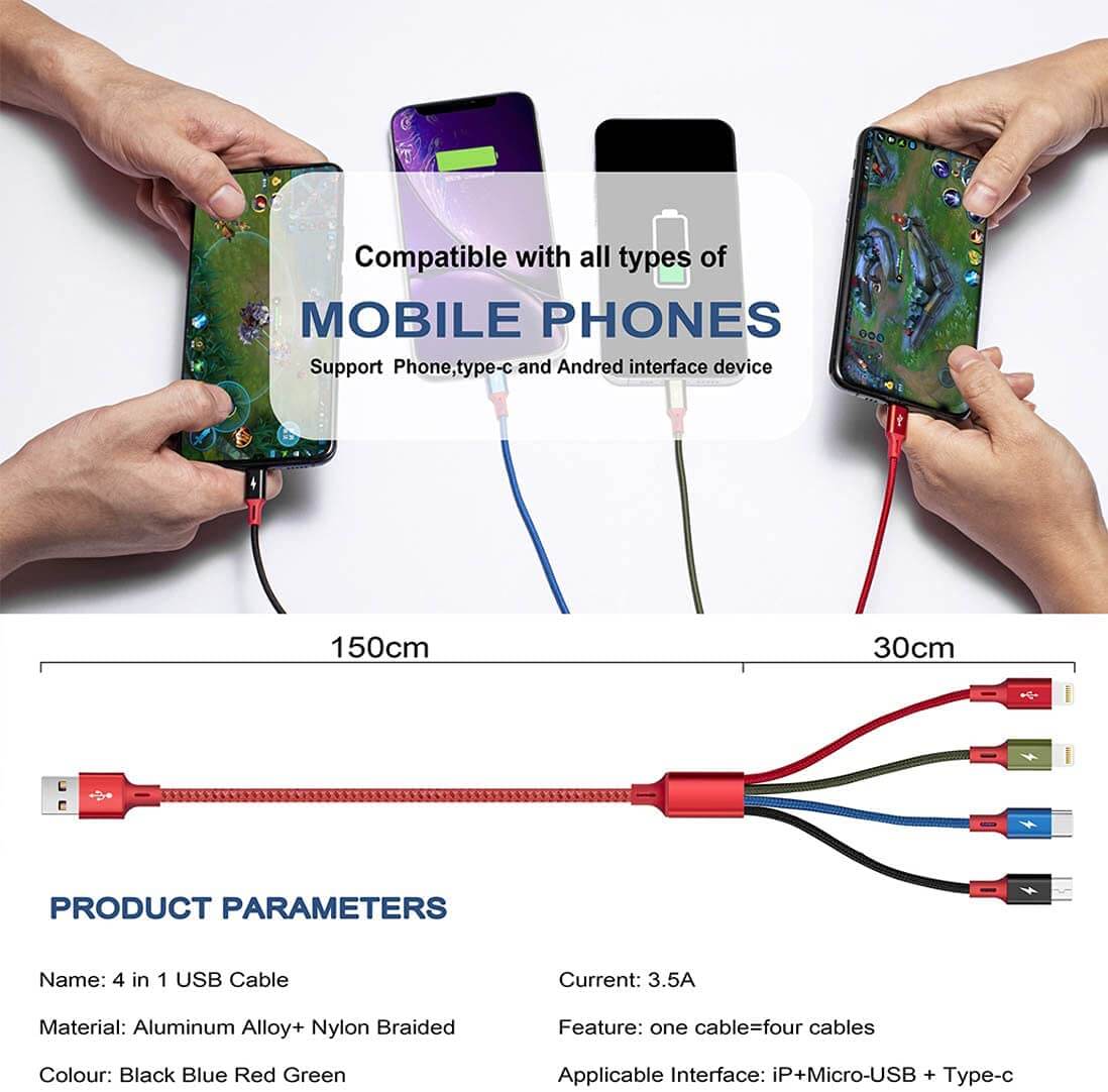  Nylon Braided  Micro USB Type C Lighting 3 4 in 1 3A  Multi Phone Charger Fast Charging USB Data Cable