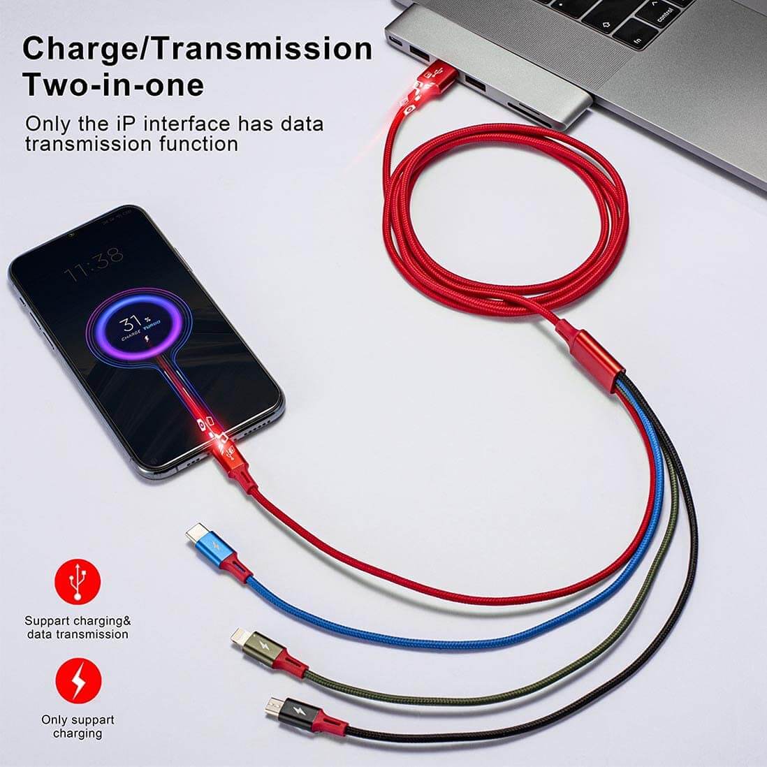  Nylon Braided  Micro USB Type C Lighting 3 4 in 1 3A  Multi Phone Charger Fast Charging USB Data Cable