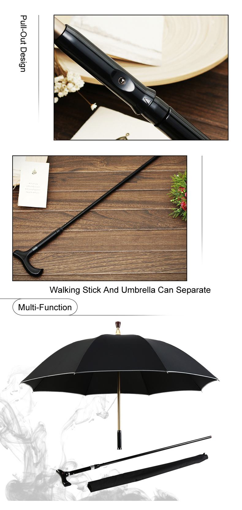 Non-slip Walking Stick Male Windproof Long Handle Rain Gear Men Creative Cane Climbing Umbrella
