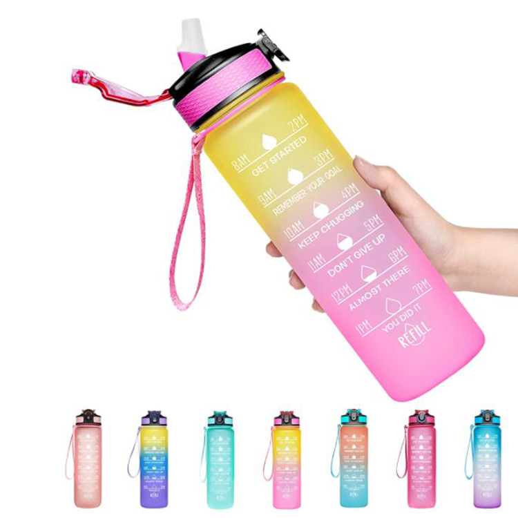 sports plastic botella de agua motivacional flip top water bottles bpa-free plastic with straw