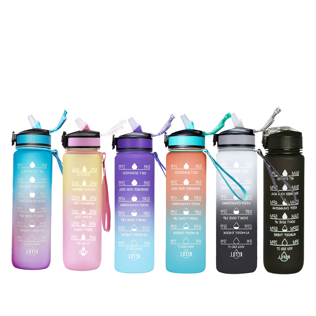 sports plastic botella de agua motivacional flip top water bottles bpa-free plastic with straw