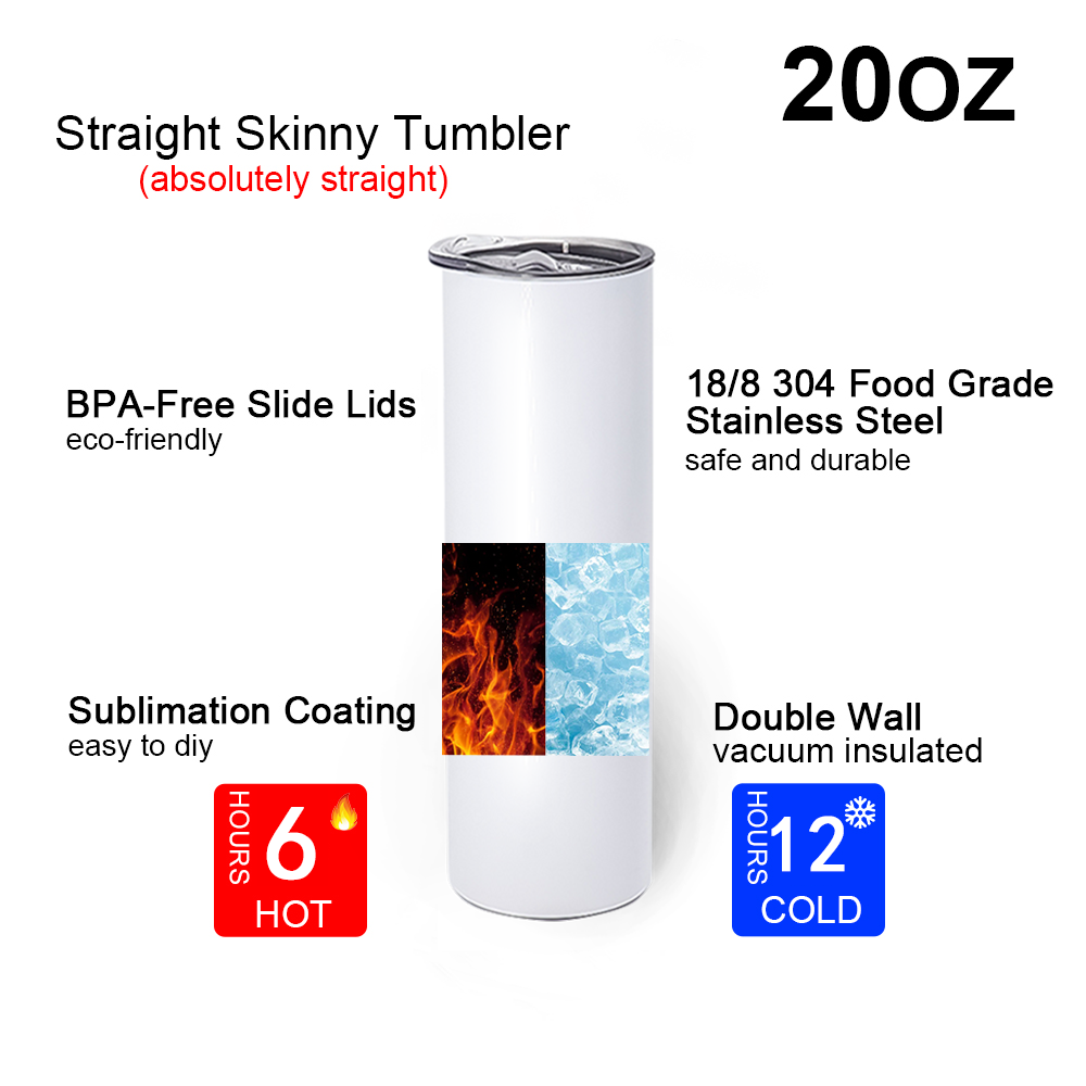 USA 2 Days Delivery 20oz white sublimation blanks stainless steel Water Bottles skinny straight sublimation tumblers wit