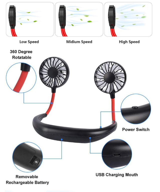 Mini Portable USB Rechargeable 18650 Battery 360 Degree Rotation 3 Speed Adjustable Hand-Free Neck Fan