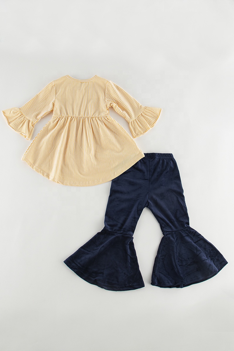 2022 Girlymax fall light yellow and white stripes long sleeve smoked dress bell-bottom pants  top baby girl outfit