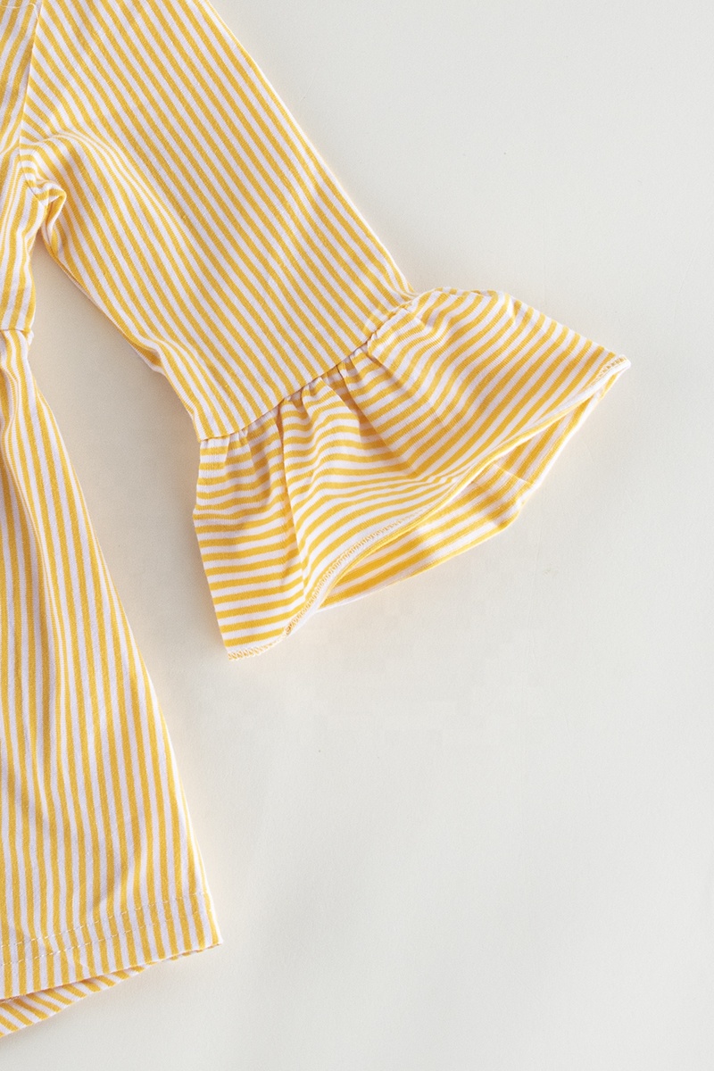 2022 Girlymax fall light yellow and white stripes long sleeve smoked dress bell-bottom pants  top baby girl outfit