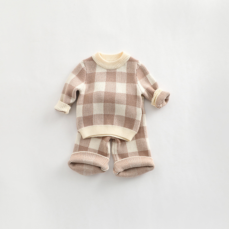 Korean Style Newborn Baby Boys Girls Plaid Suit Baby Long Sleeves Pullover+Pants 2PCS Spring Autumn Baby Knitted Soft Cl