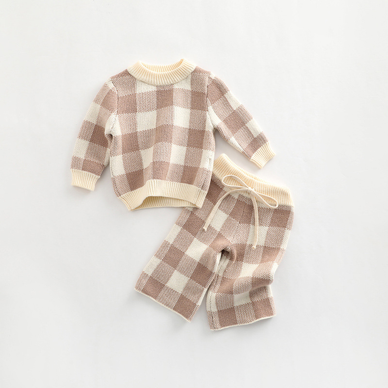 Korean Style Newborn Baby Boys Girls Plaid Suit Baby Long Sleeves Pullover+Pants 2PCS Spring Autumn Baby Knitted Soft Cl