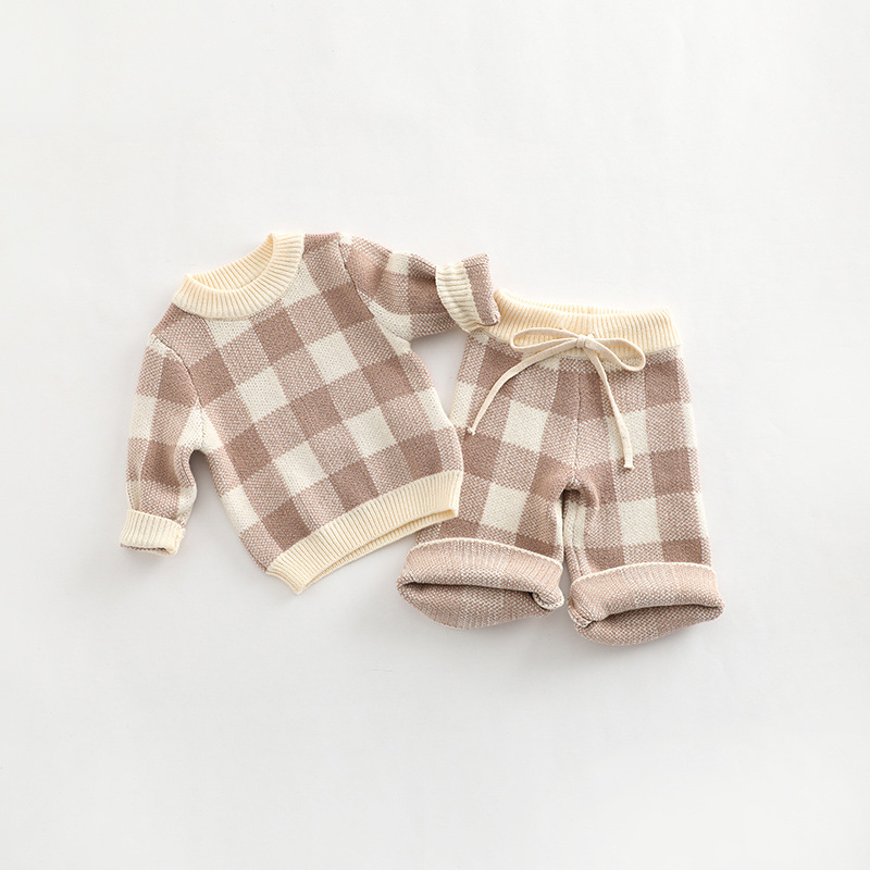 Korean Style Newborn Baby Boys Girls Plaid Suit Baby Long Sleeves Pullover+Pants 2PCS Spring Autumn Baby Knitted Soft Cl