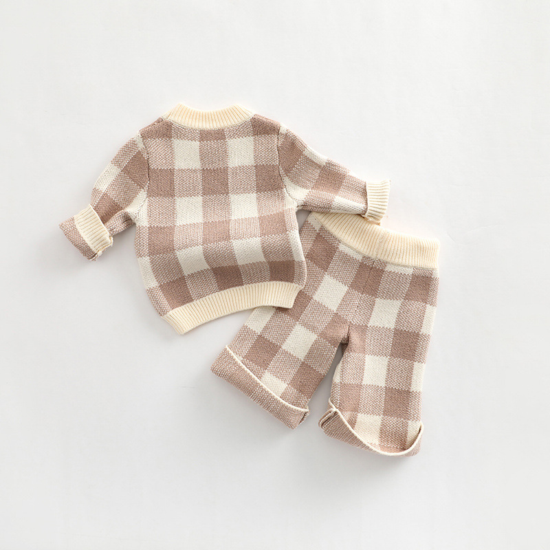 Korean Style Newborn Baby Boys Girls Plaid Suit Baby Long Sleeves Pullover+Pants 2PCS Spring Autumn Baby Knitted Soft Cl