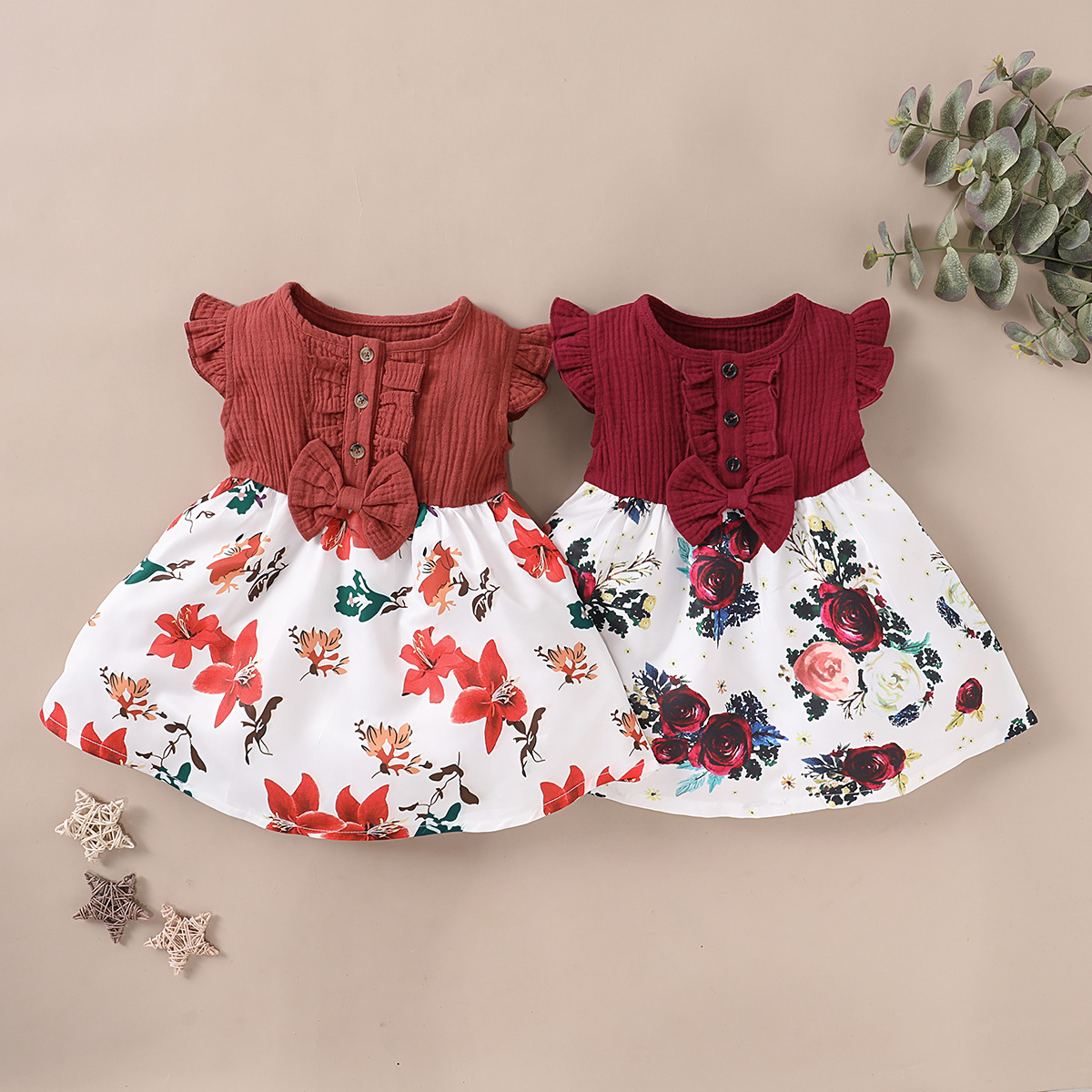 Red female Korean style little girl summer western style princess dress flower dress