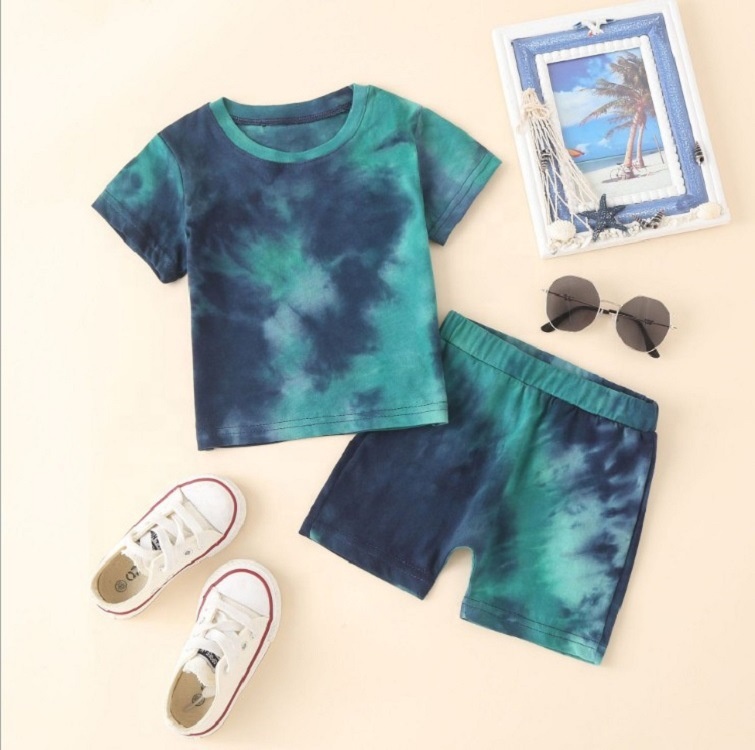 children's wear western boy`s clothes tie-dyed plain short sleeve T-shirt matching shorts summer Clothes toddler boys se