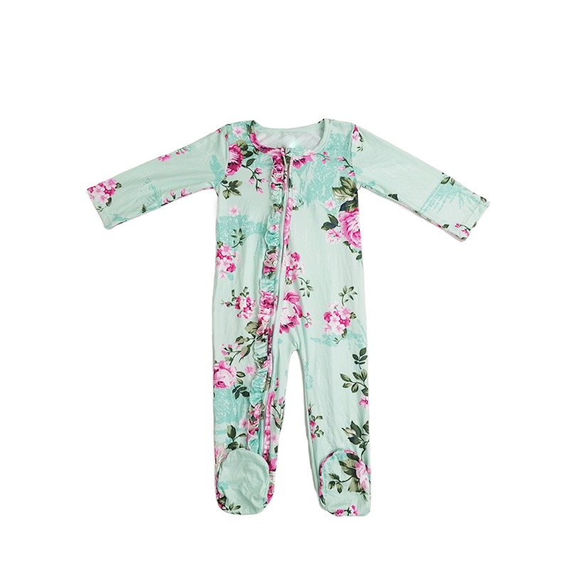 Comfortable Baby Long Sleeve Footie Flower Print Jumpsuit Ruffle Zipper Brushed Milk Silk Baby Romper