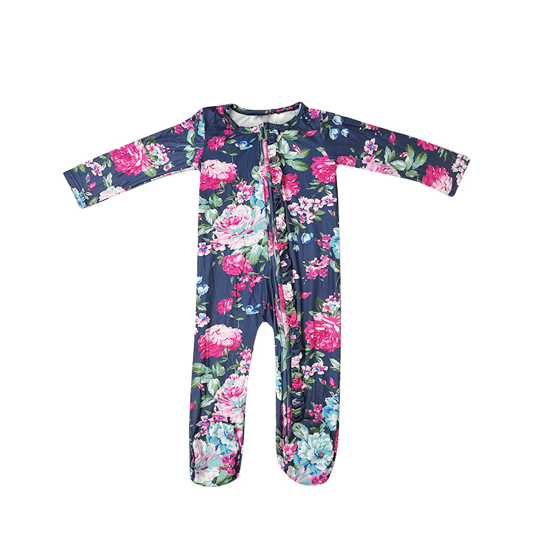 Comfortable Baby Long Sleeve Footie Flower Print Jumpsuit Ruffle Zipper Brushed Milk Silk Baby Romper