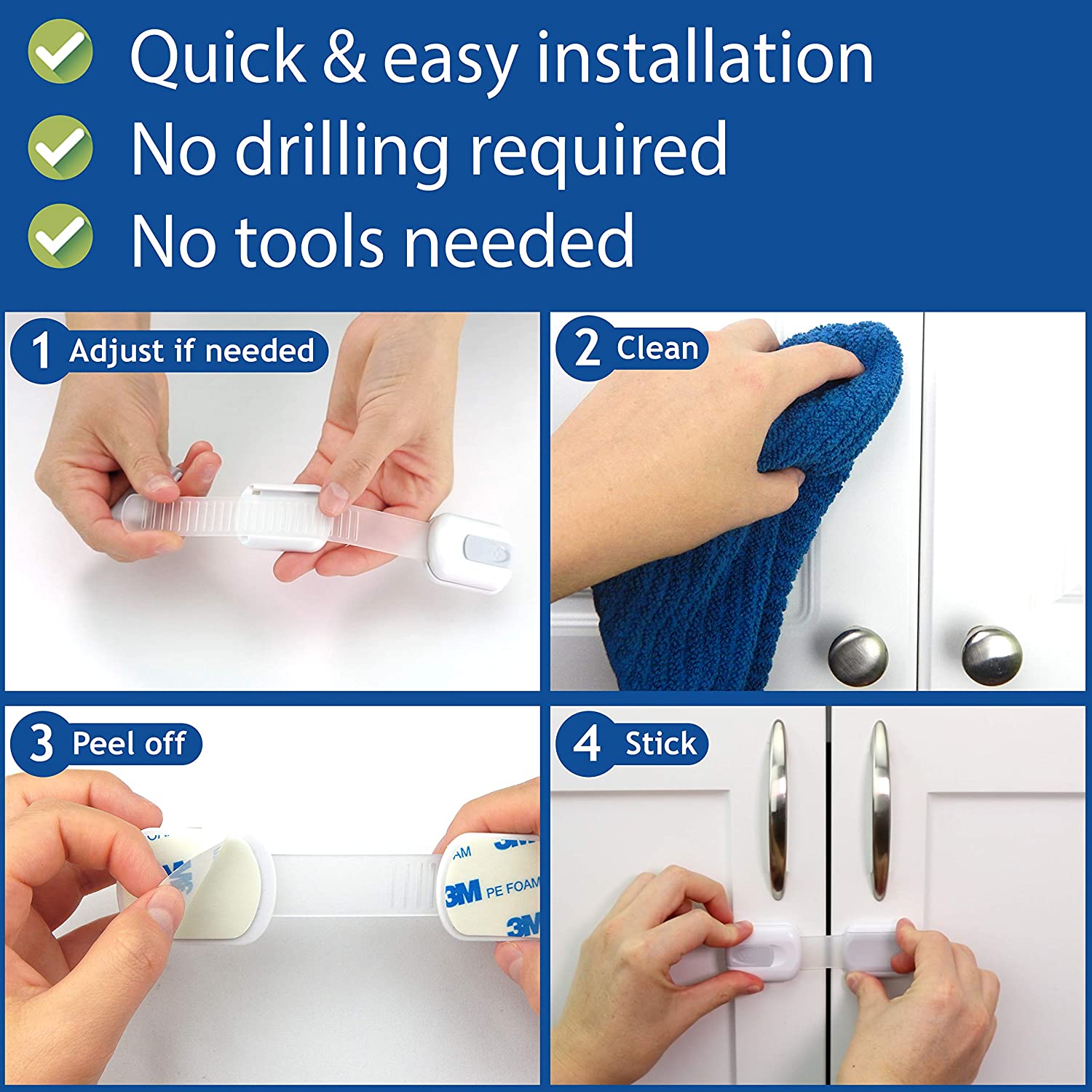Best selling safety lock strap anti pinch guard 3 M adhesive drawer locks in white