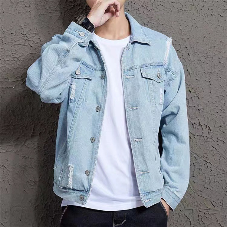   Stylish Design Sports Blue Streetwear Patch Mens Jean Denim Jackets for Men