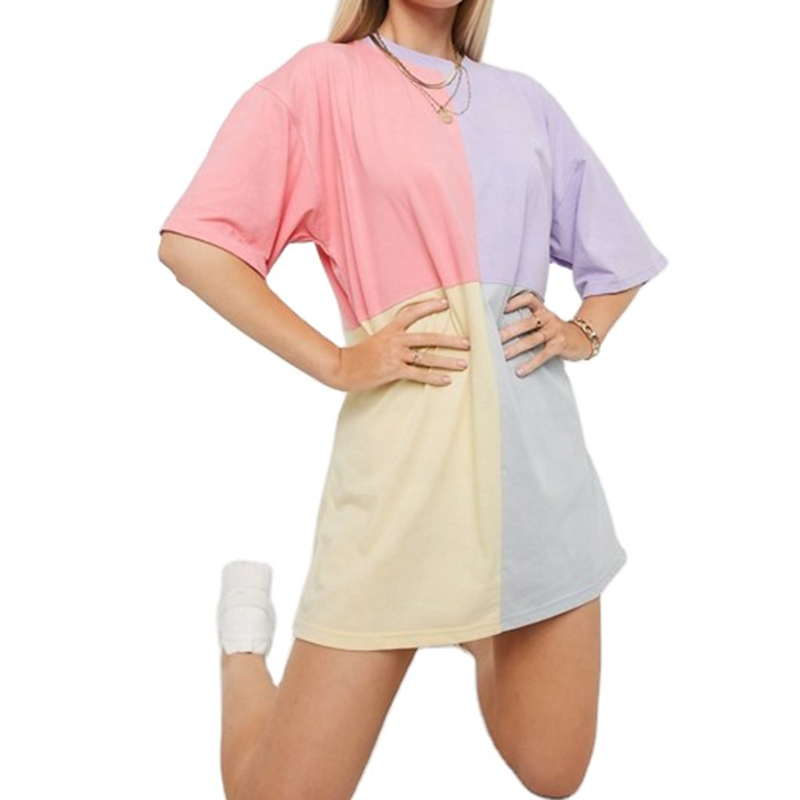   Women Cotton T-Shirts  Colour Block Oversize Round Collar T-Shirt