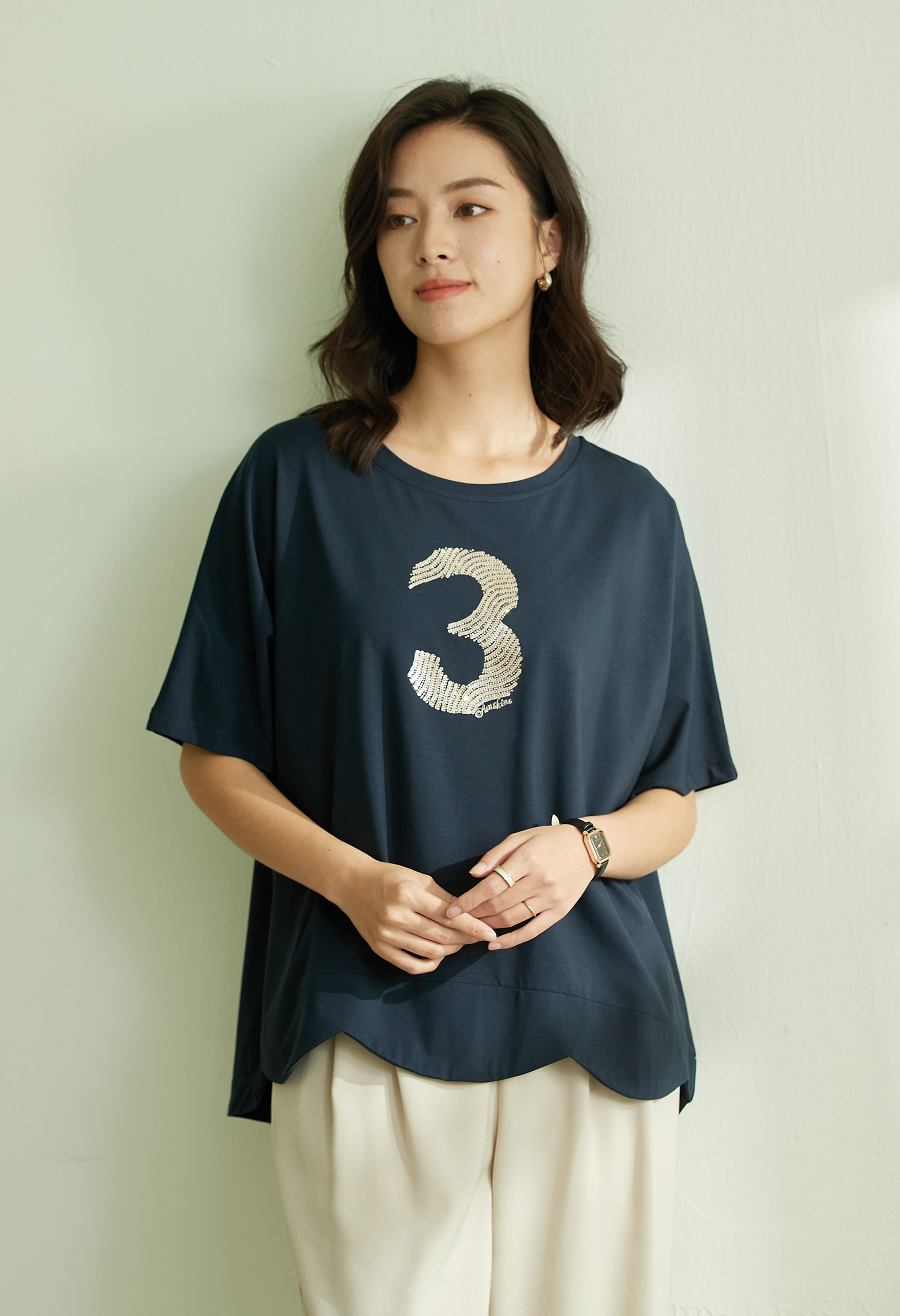 Women tops round neck digital pattern embroidery oversize version off shoulder sleeves t shirts for women