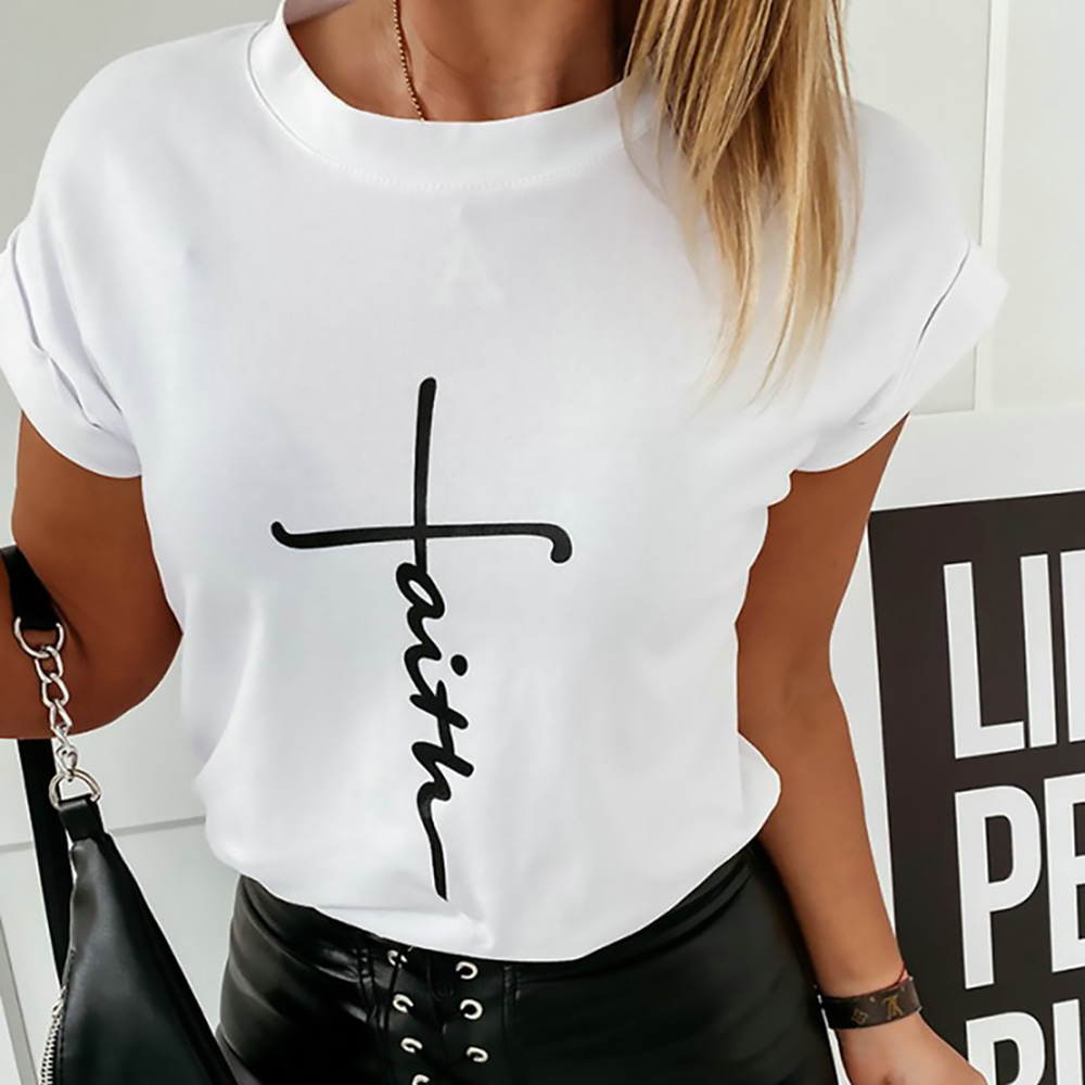  New Arrival  letter FAITH printing round neck short sleeve fashion casual women's T-shirt