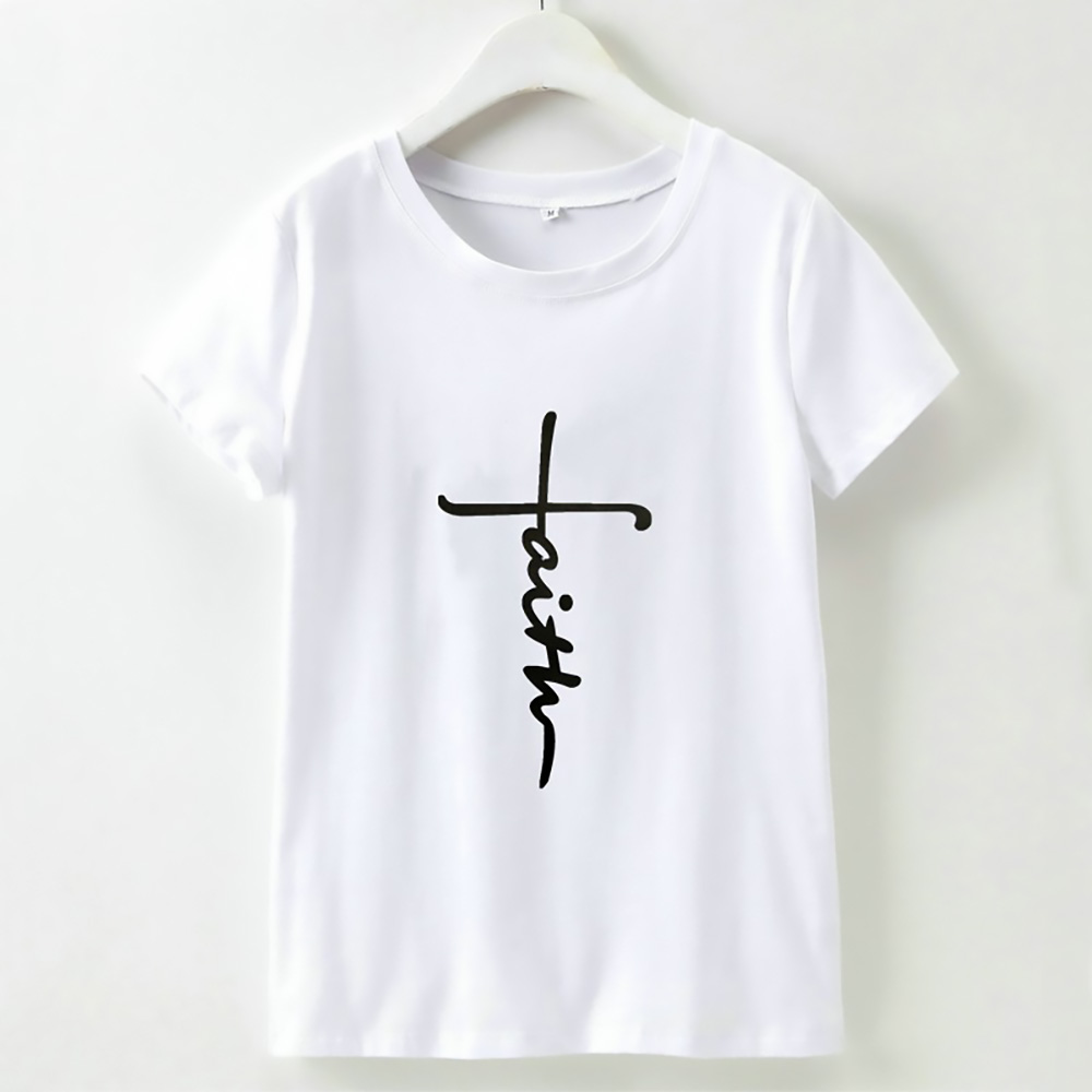  New Arrival  letter FAITH printing round neck short sleeve fashion casual women's T-shirt