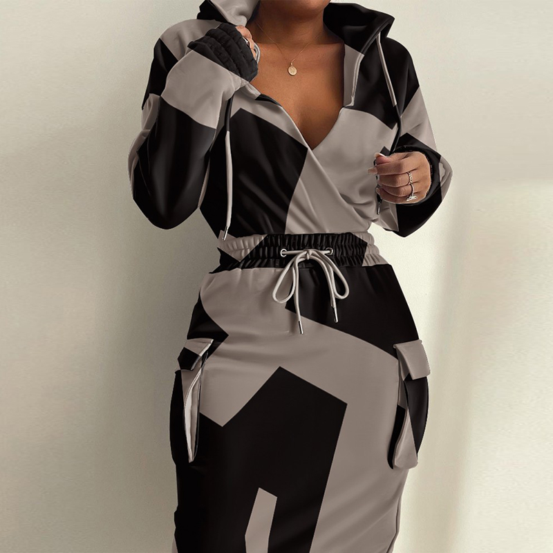 Retro Print Patchwork Pullover Dress Women  Deep V Neck Bodycon Party Dress ized Drawstring Office Lady casual Dress