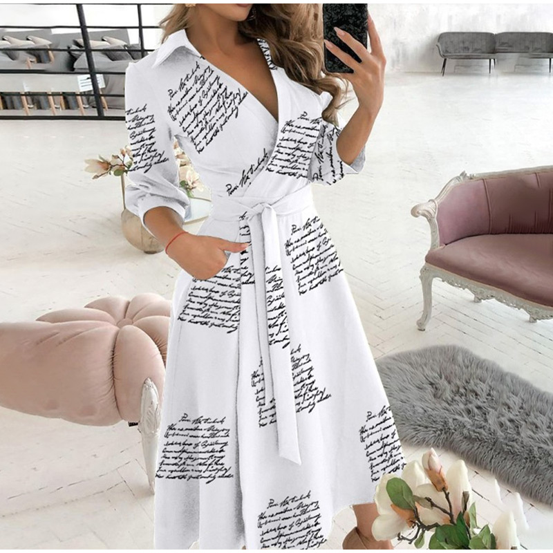   ladies dress for women clothing  Short Sleeve Office Casual V-neck Letter Print Pocket Party Bodycon Dresse