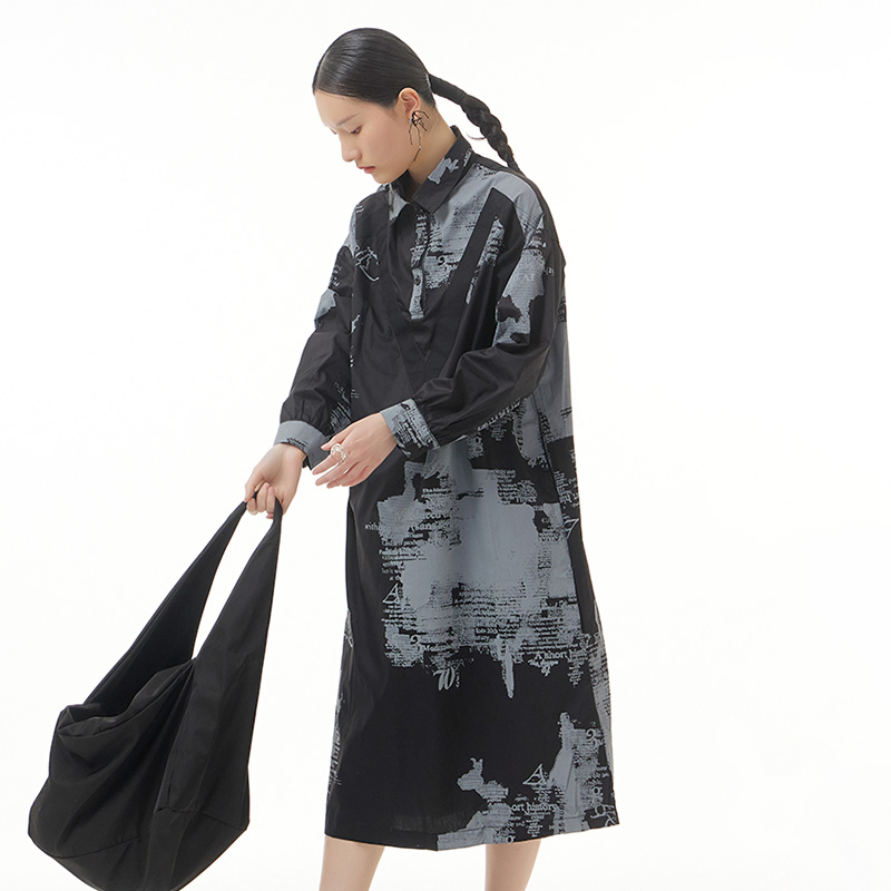 Plus Size Women's Long Sleeves Dresses Autumn New 2022 Printed Dress Dark Loose Look Thin Shirt Dress 8822