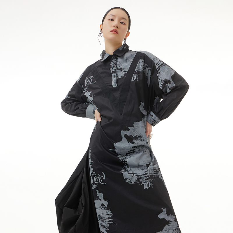 Plus Size Women's Long Sleeves Dresses Autumn New 2022 Printed Dress Dark Loose Look Thin Shirt Dress 8822
