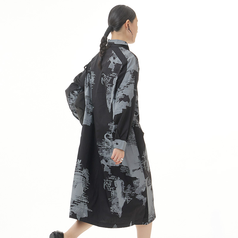 Plus Size Women's Long Sleeves Dresses Autumn New 2022 Printed Dress Dark Loose Look Thin Shirt Dress 8822
