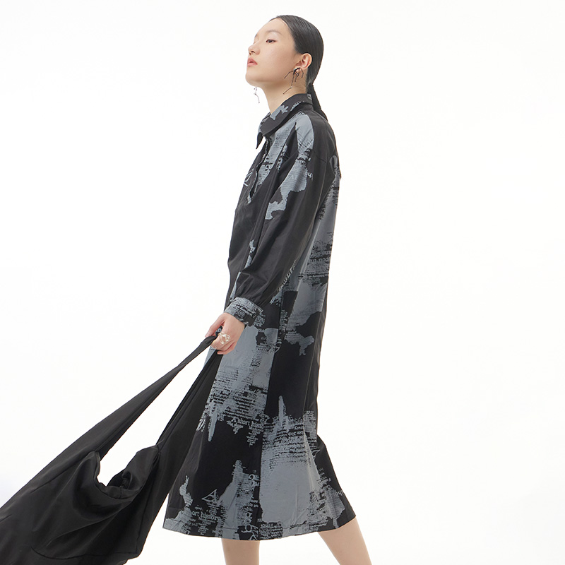 Plus Size Women's Long Sleeves Dresses Autumn New 2022 Printed Dress Dark Loose Look Thin Shirt Dress 8822