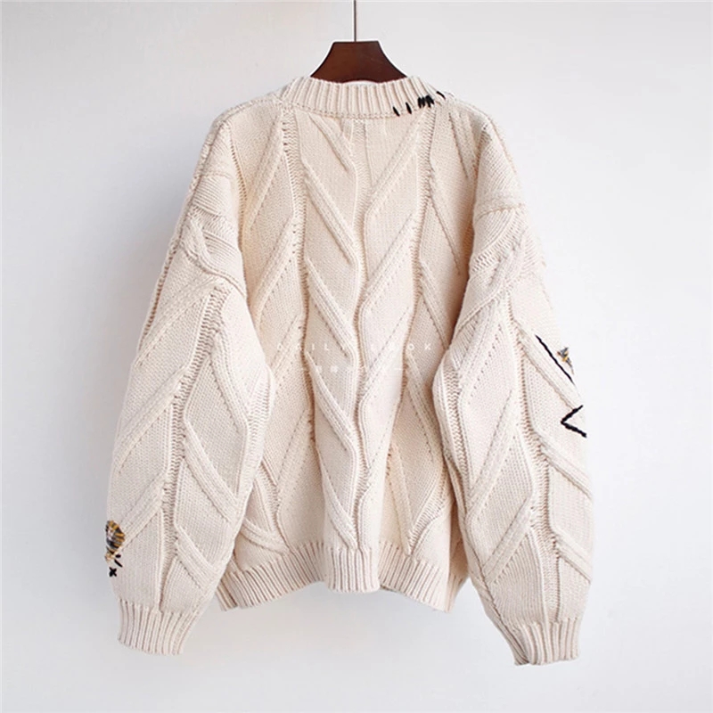 Autumn Winter Women Cardigan Warm Knitted Sweater Jacket Pocket Embroidery Fashion Knit Cardigans Coat   sweater