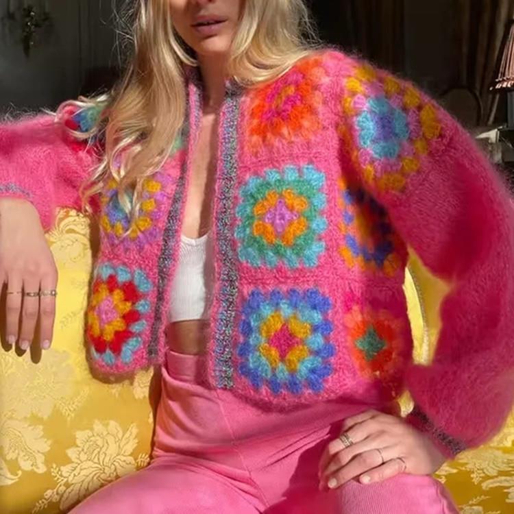 2023 Cropped Vintage Grandma Square Hand Crochet Openwork  Ladies Sweaters Modest Cardigan Mohair Knit Women Sweat
