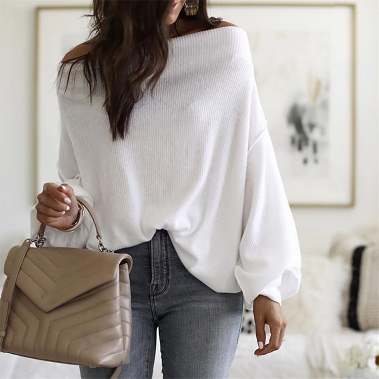 Sexy Batwing Sleeve Simple Design Ribbed Knit Crop Tops knitwear pullover Plus Size long sleeves Women Off Shoulder Swea