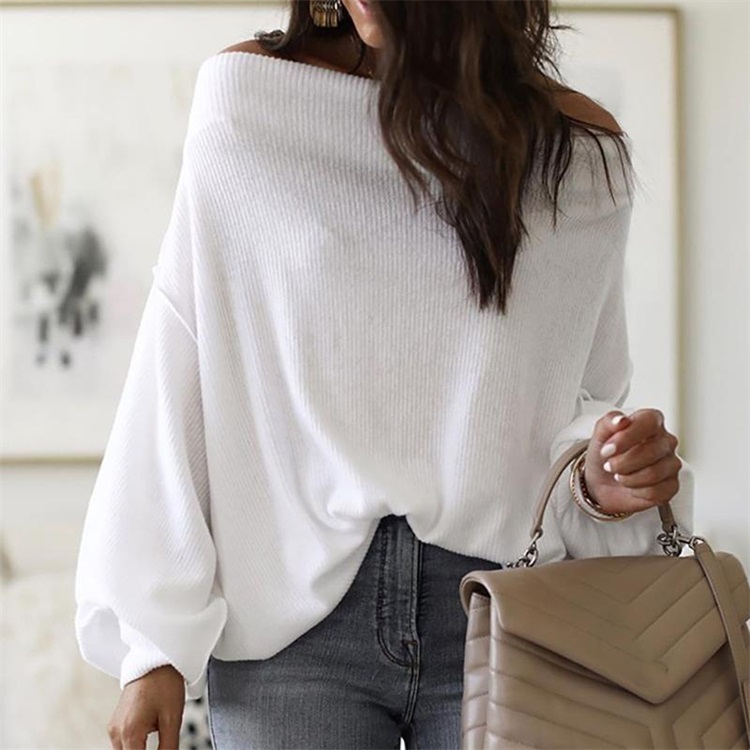 Sexy Batwing Sleeve Simple Design Ribbed Knit Crop Tops knitwear pullover Plus Size long sleeves Women Off Shoulder Swea