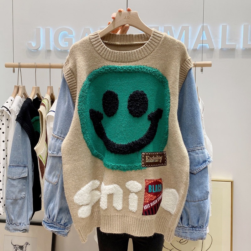 Ready to ship autumn winter smile knitted casual patchwork cute free size women sweater