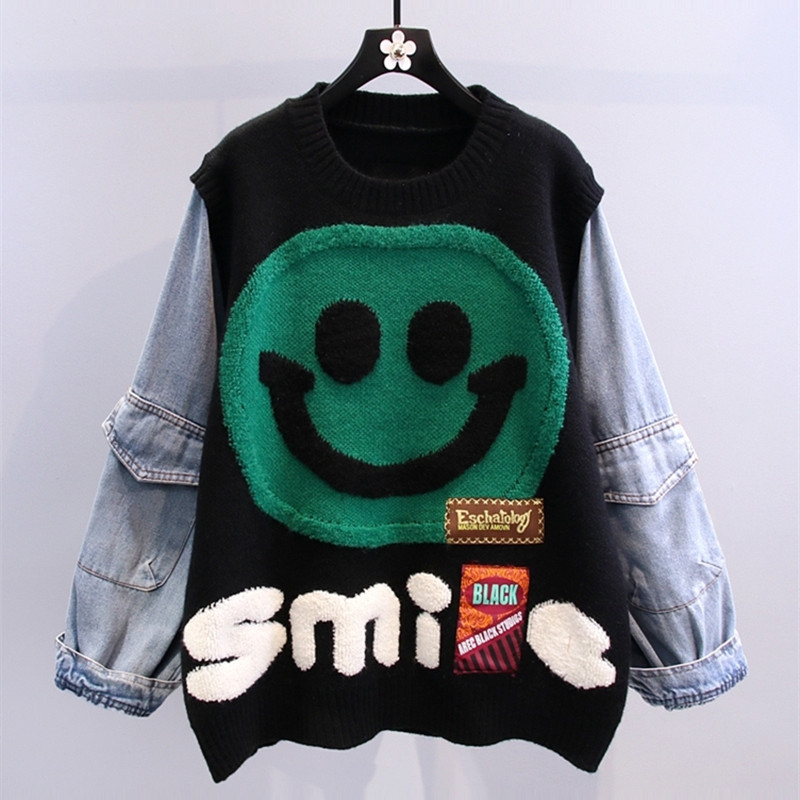 Ready to ship autumn winter smile knitted casual patchwork cute free size women sweater