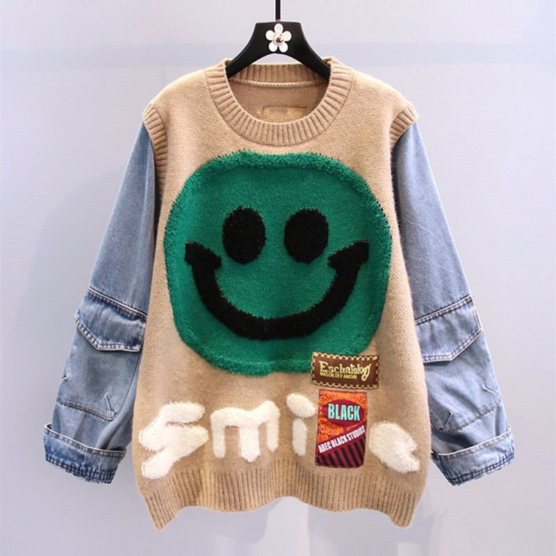Ready to ship autumn winter smile knitted casual patchwork cute free size women sweater