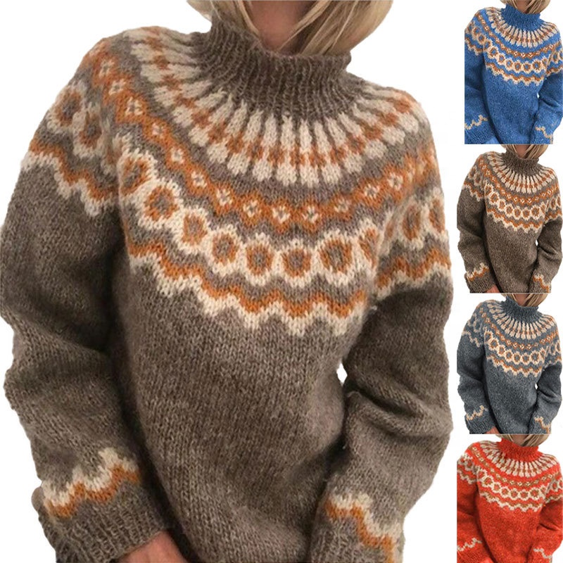 Autumn and winter new European and American women's high collar Pullover thick needle jacquard sweater women's knitting 