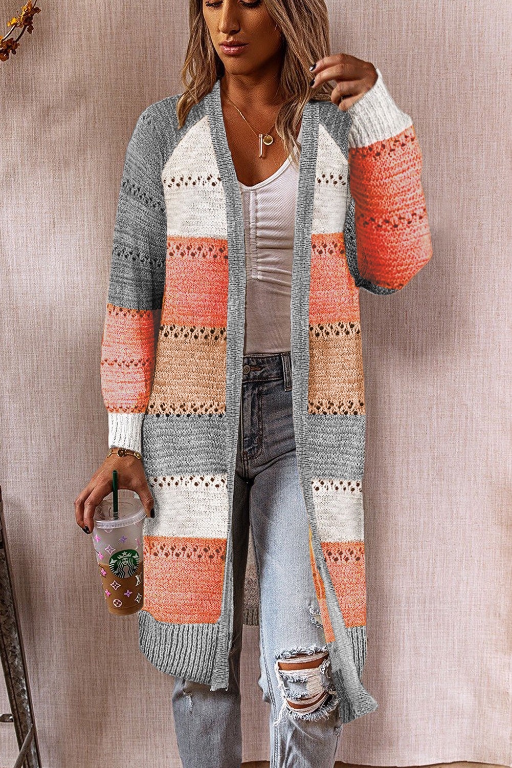 R46 cardigan Women Cardigan Comfy Stylish Stitching Long Sleeve Striped Patchwork Sweater Female Casual Long Tops