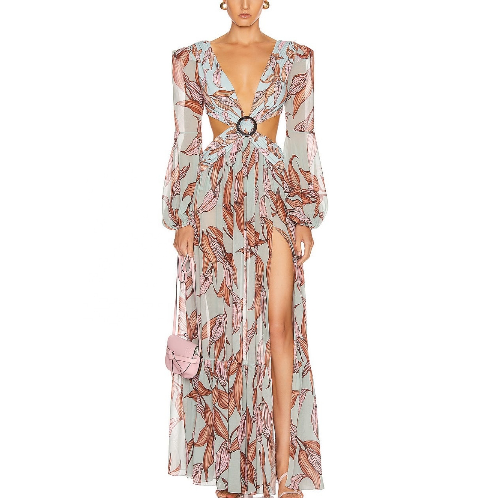     Women Printed Belted Maxi Fashion Clothing Long Sleeve Cutout Dress