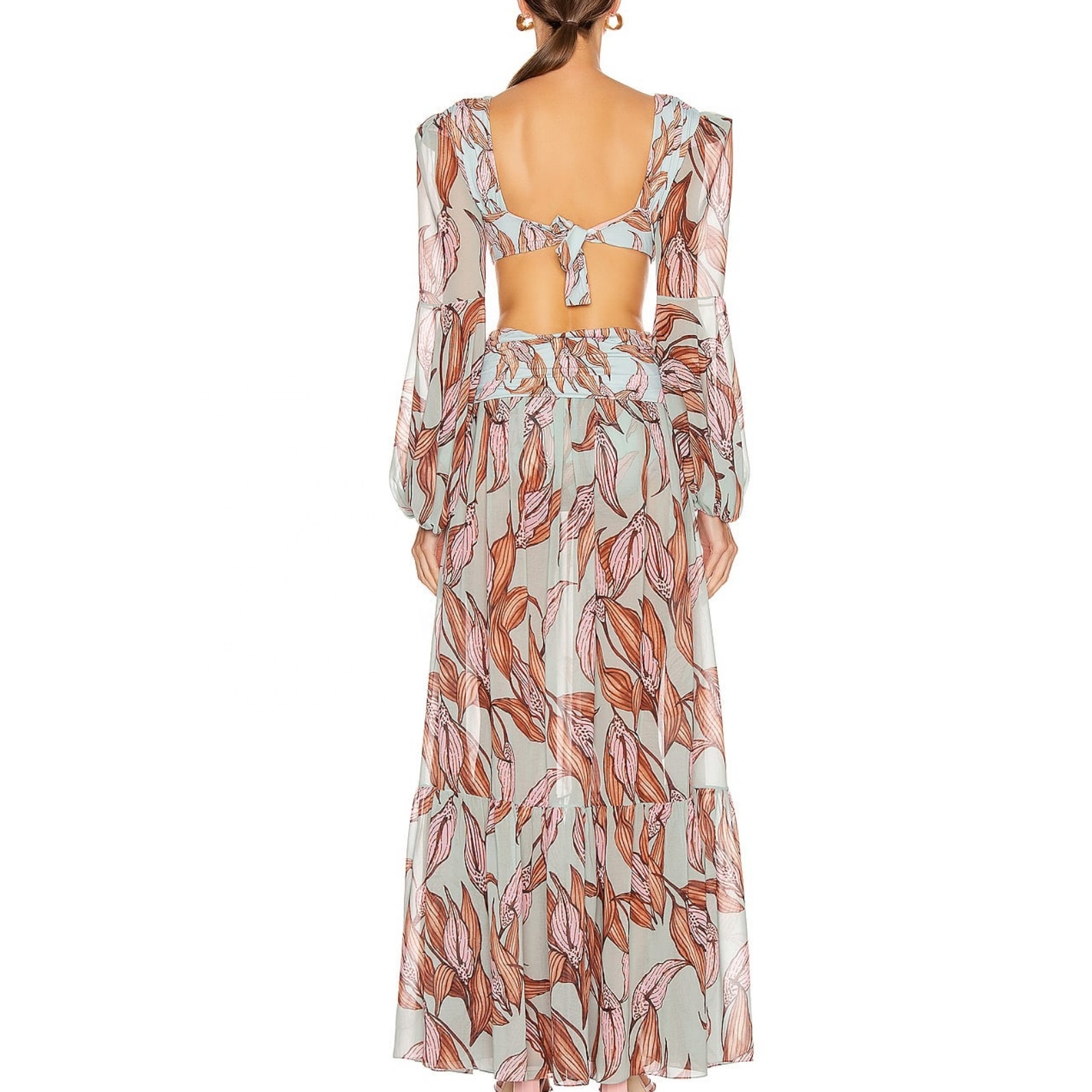     Women Printed Belted Maxi Fashion Clothing Long Sleeve Cutout Dress