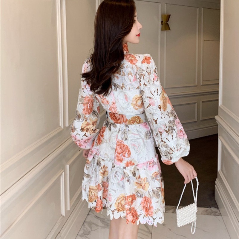 ZYHT Hot Selling Women clothing Fashion Spring Autumn Puff Sleeve Dress Long Sleeve Floral Dress Hollow Out Lace Ladies 