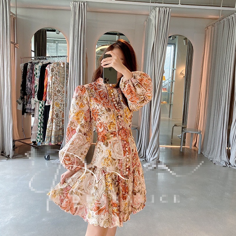 ZYHT Hot Selling Women clothing Fashion Spring Autumn Puff Sleeve Dress Long Sleeve Floral Dress Hollow Out Lace Ladies 