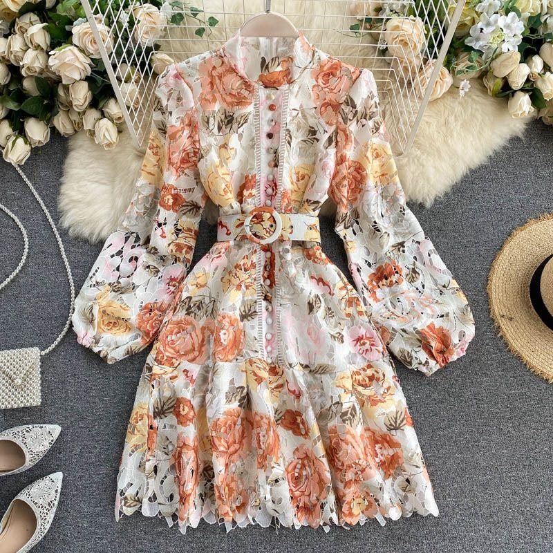 ZYHT Hot Selling Women clothing Fashion Spring Autumn Puff Sleeve Dress Long Sleeve Floral Dress Hollow Out Lace Ladies 