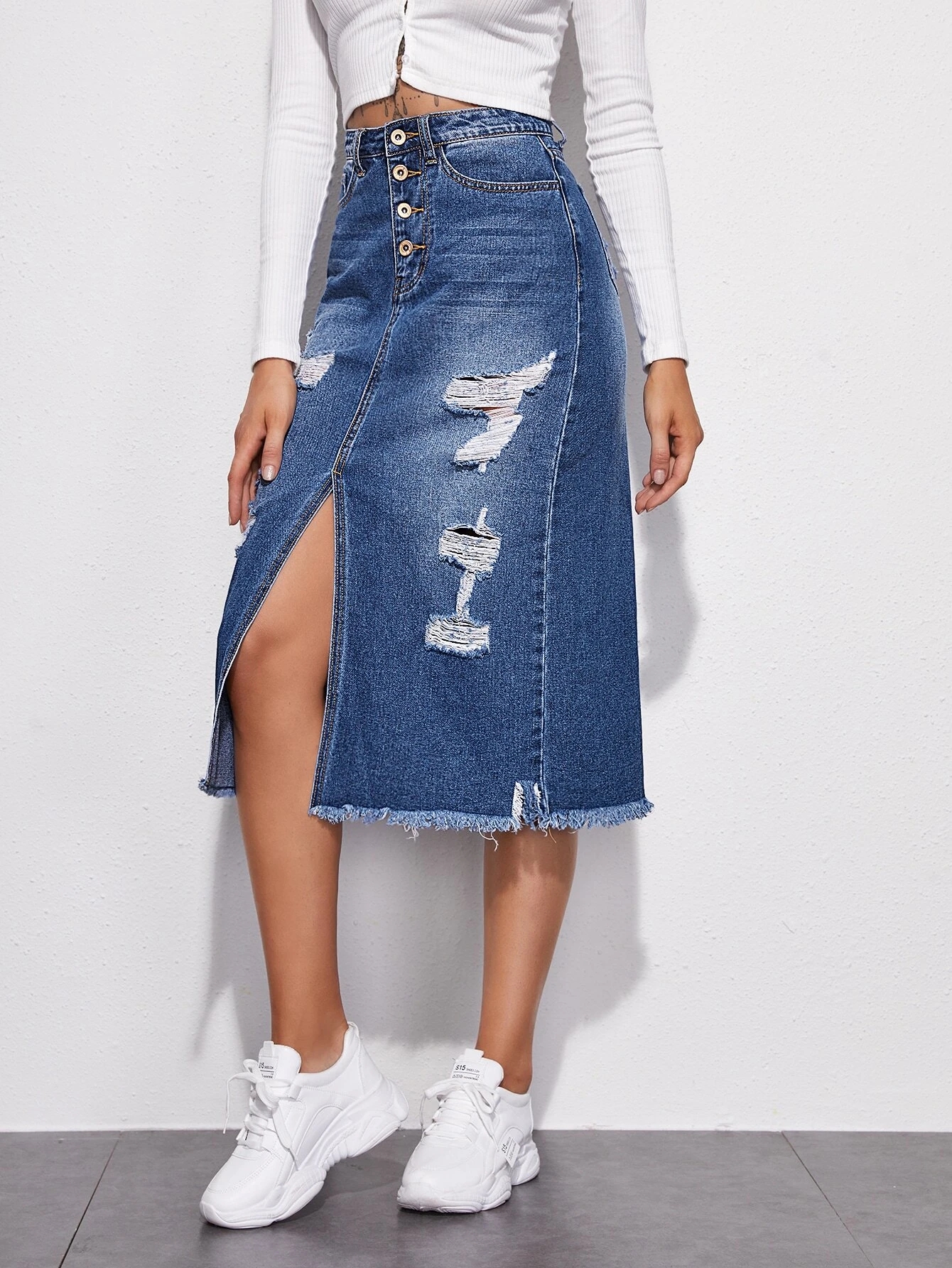   ripped distressed button split straight high waist bodycon long female women ladies midi jean denim skirts