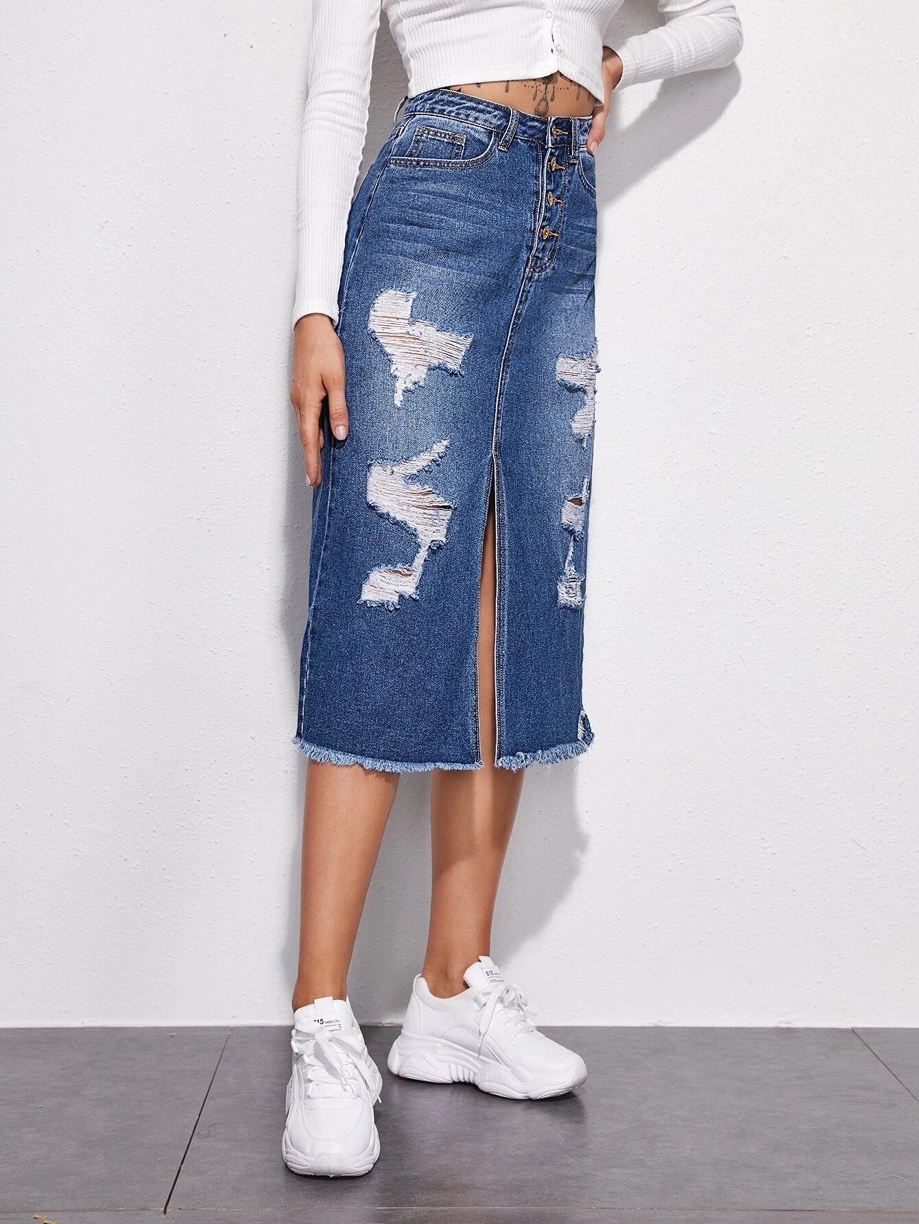   ripped distressed button split straight high waist bodycon long female women ladies midi jean denim skirts