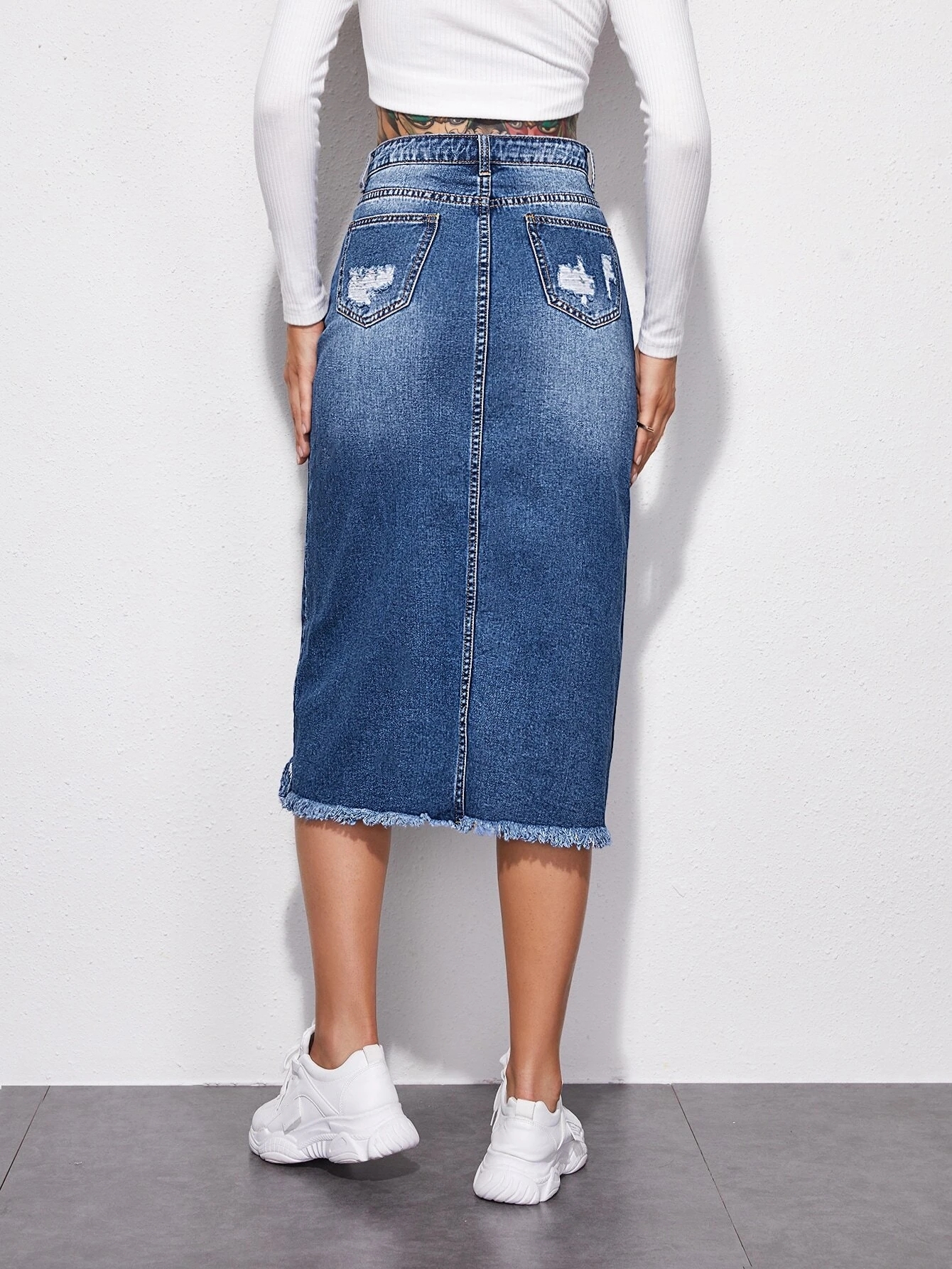   ripped distressed button split straight high waist bodycon long female women ladies midi jean denim skirts