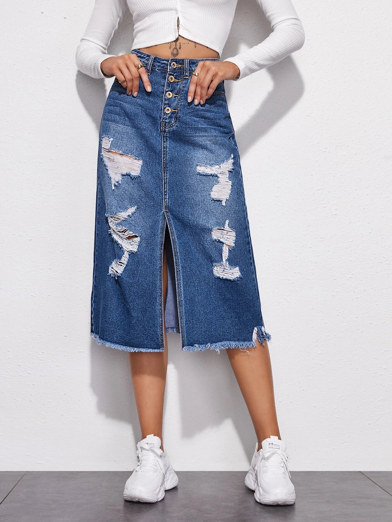   ripped distressed button split straight high waist bodycon long female women ladies midi jean denim skirts