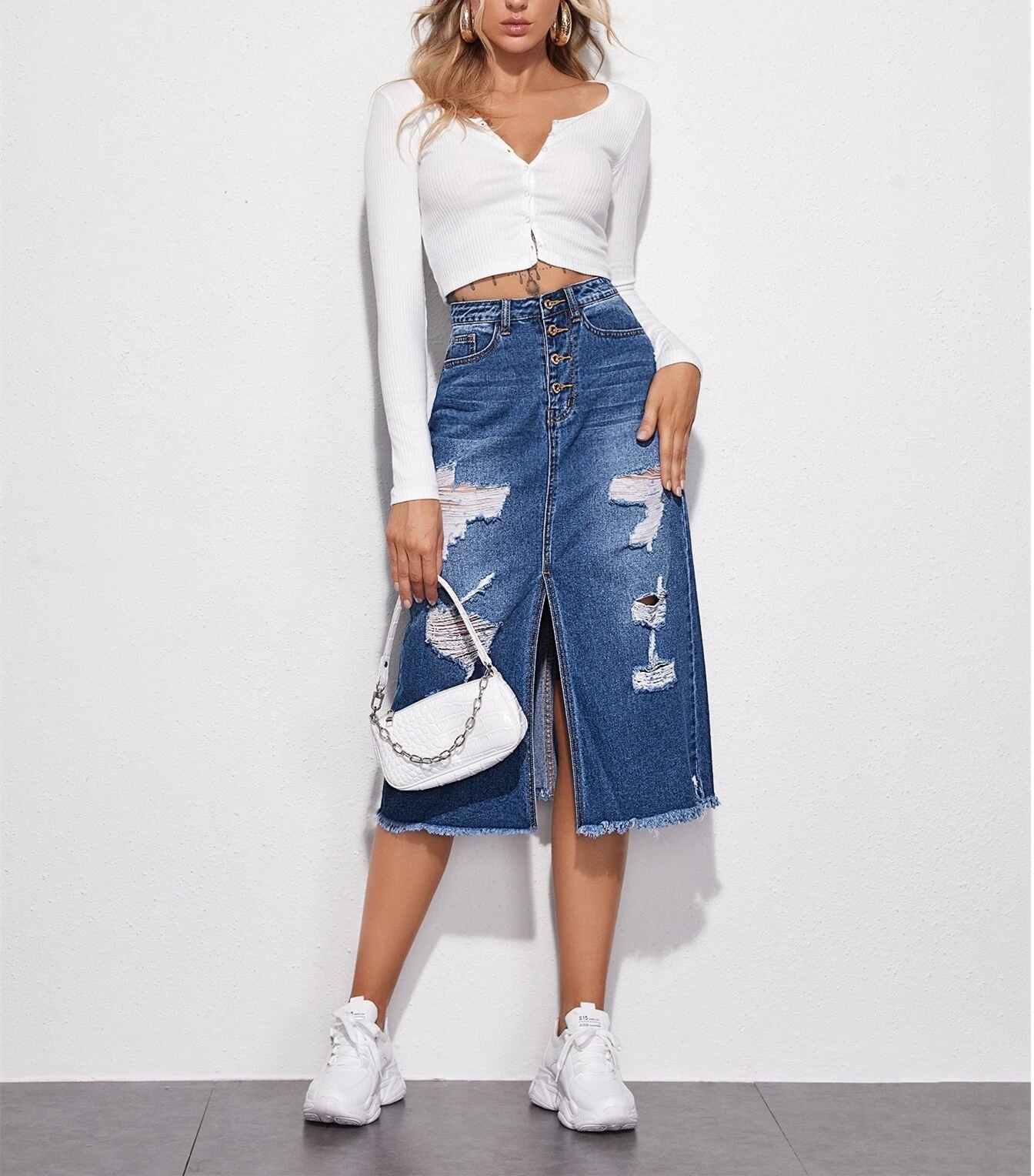   ripped distressed button split straight high waist bodycon long female women ladies midi jean denim skirts