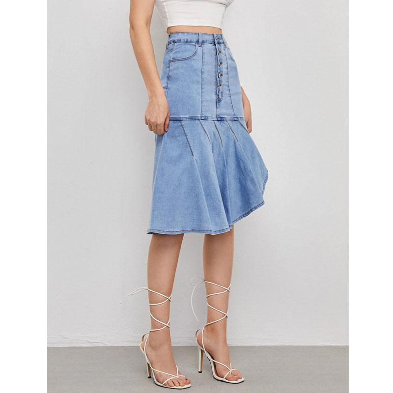 light blue women denim pleated skirt high waist jeans woman skirts fashionable for ladies